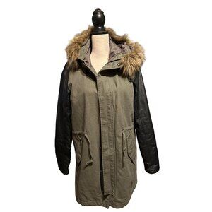 Tobi Green Coat Fur Hooded Parka Faux Leather Sleeves Quilted Lining Size Large